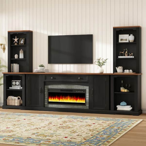 Delvon Rustic 3-Piece Black TV Stand Set Entertainment Center Fits TV's up to 70 in. with Mantel and Bookshelves