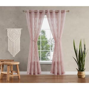 Everyn Embellished Blush Pink Faux Linen 52 in. W x 84 in. L Grommet Sheer Tiebacks Curtain (2-Panels)