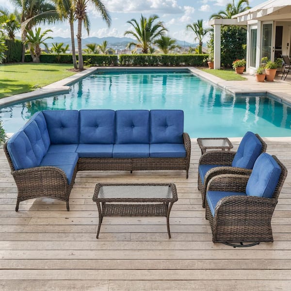 6-Piece Brown Wicker Outdoor Sectional Set with Olefin Blue Cushions and L-Shaped Sofa/Swivel Glider Chairs