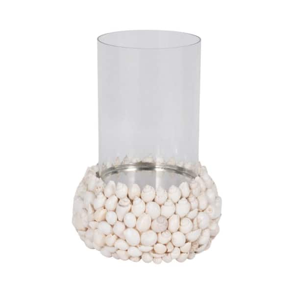 Liv & Skye White 10 in. Stone Cylinder Coastal Hurricane Candle Holder with Shell