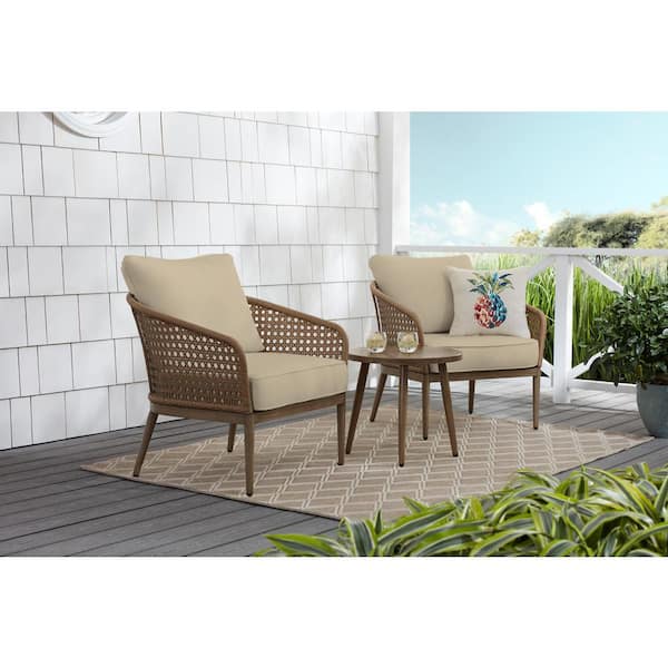 Hampton Bay Coral Vista 3-Piece Brown Wicker Outdoor Patio Bistro Set with CushionGuard Putty Tan Cushions