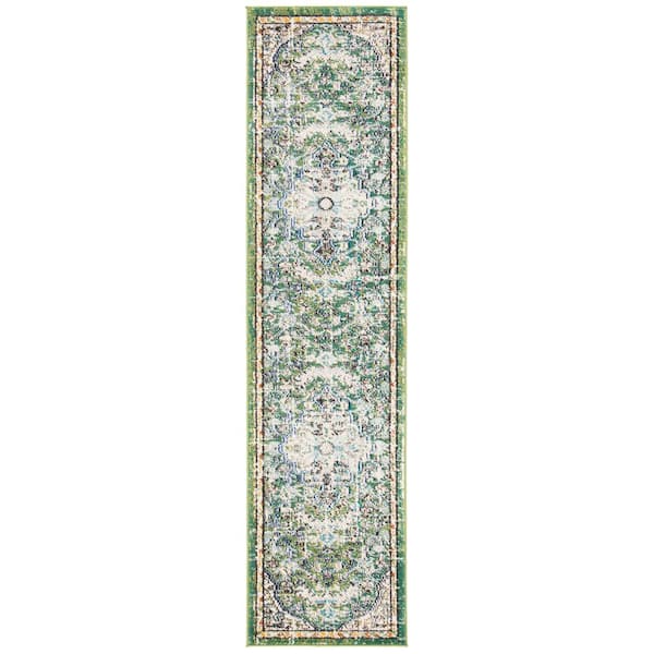 Madison 2 ft. x 20 ft. Green/Turquoise Distressed Ornate Runner Rug