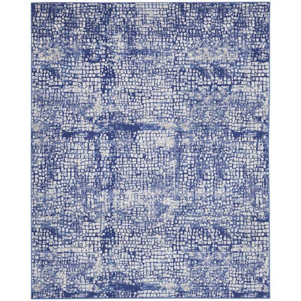 7 ft. x 10 ft. White and Blue Abstract Distressed Non Skid Area Rug