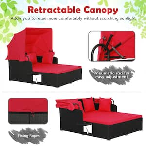 Wicker Outdoor Day Bed Lounge with Retractable Top Canopy Side Tables Red Cushions