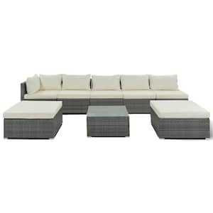 8-Pieces Outdoor Patio Furniture Sets, Garden Conversation Wicker Sofa Set with Beige Cushions