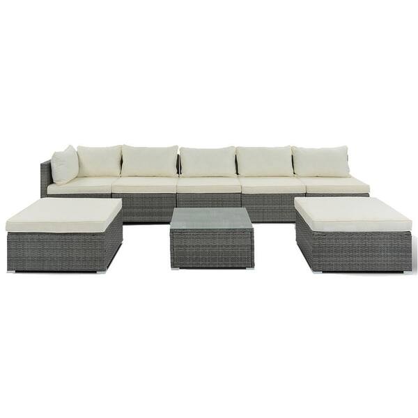 Sudzendf 8-Pieces Outdoor Patio Furniture Sets, Garden Conversation Wicker Sofa Set with Beige Cushions
