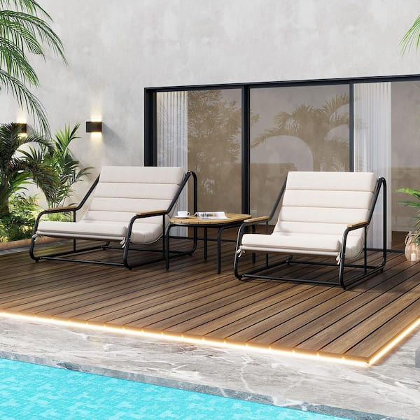 Unbranded 3 Pieces Metal Outdoor Chaise Lounge Chairs Sets, Patio Chaise Lounge Chair with Acacia Side Table, Beige Cushion