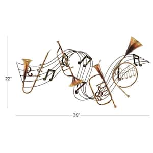 39 in. x 22 in. Metal Brown Musical Notes Wall Decor with Trumpets