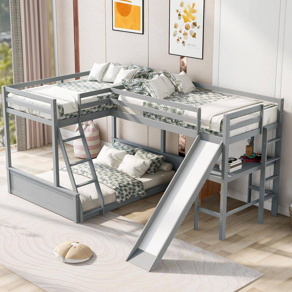 Harper & Bright Designs Gray Twin Over Full Wood Triple Bunk Bed with Desk and Slide - 1
