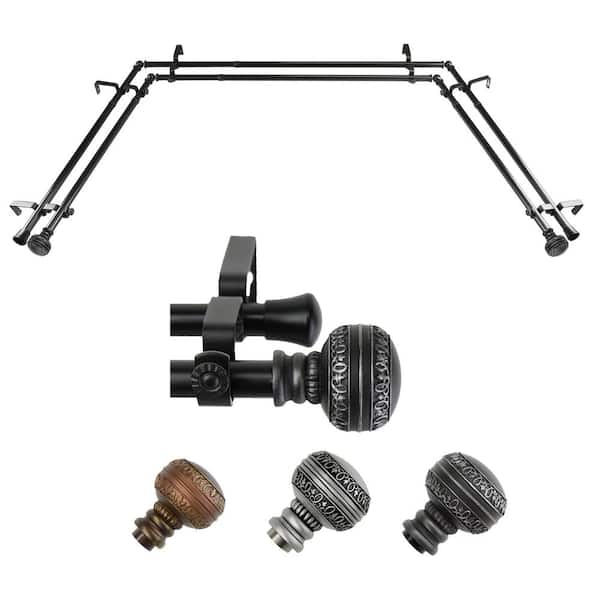 Rod Desyne 13/16" Dia Adjustable 20"-36", 38"-72" Bay Window Double curtain rod with Ornament Finials in Black