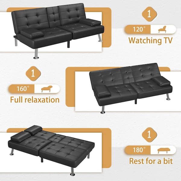 65 in. Convertible Folding Futon Sofa Bed Black Faux Leather Upholstered Roomy Love Seat