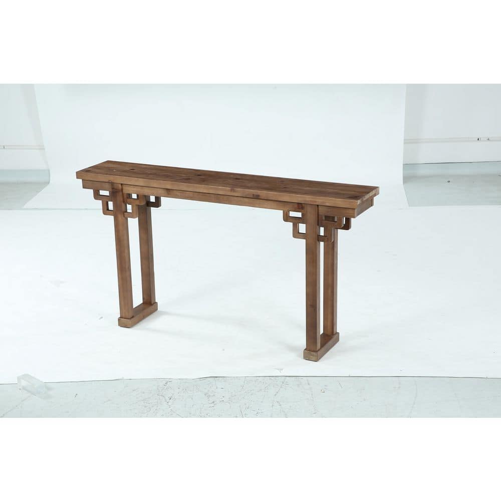 63 in. Brown Rectangle Solid Wood Console Table,Traditional Chinese Geometric Carved Entryway Sofa Table for Hallway