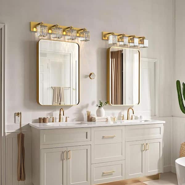 32 in. 4-Light Square LED Vanity Light in Antique Brass with Crystal Shade for Mirror