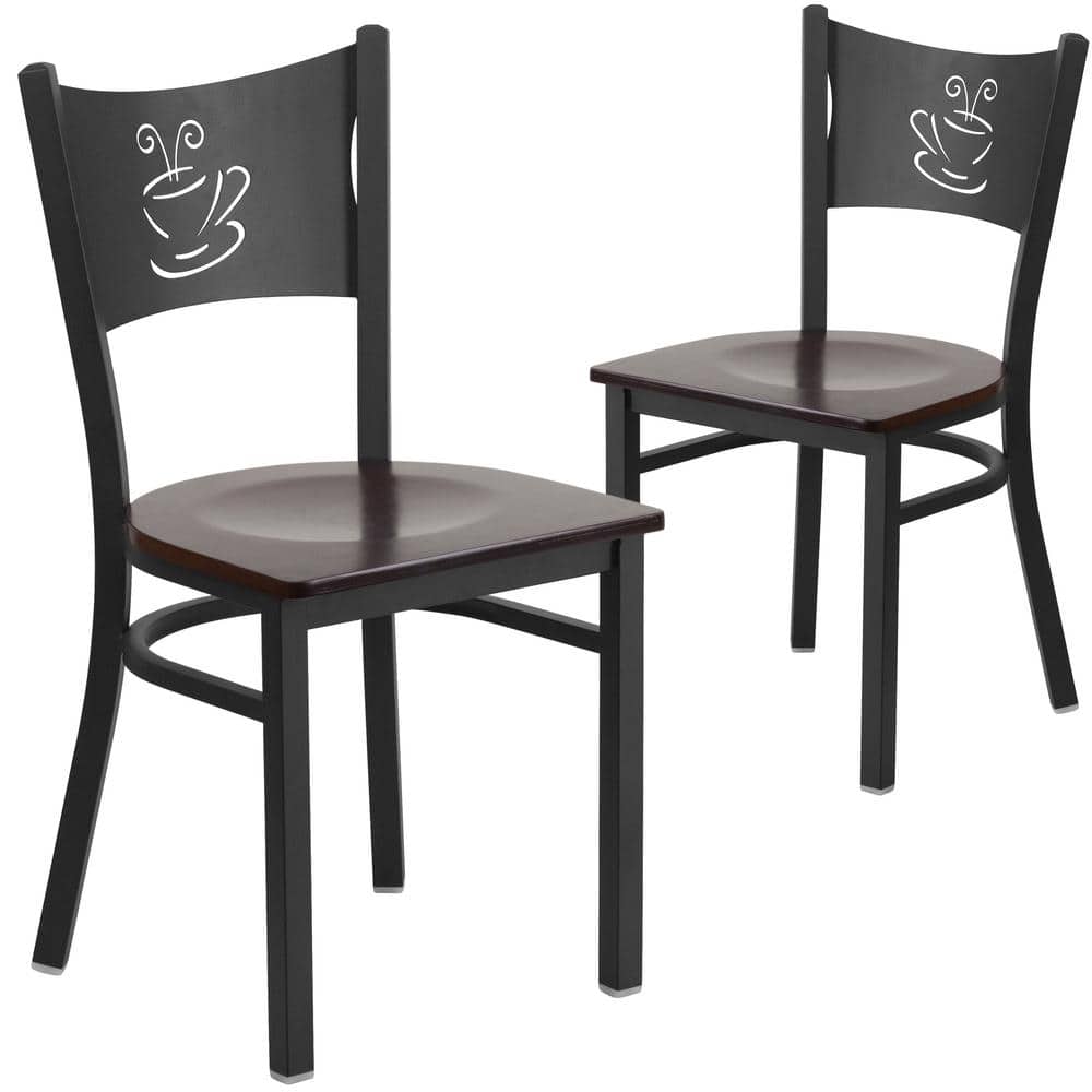 Walnut Wood Seat/Black Metal Frame Restaurant Chairs (Set of 2)