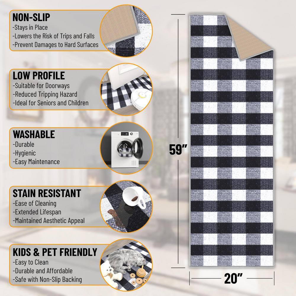 Black and White Checkered Synthetic Runner Rug, 20" x 59"