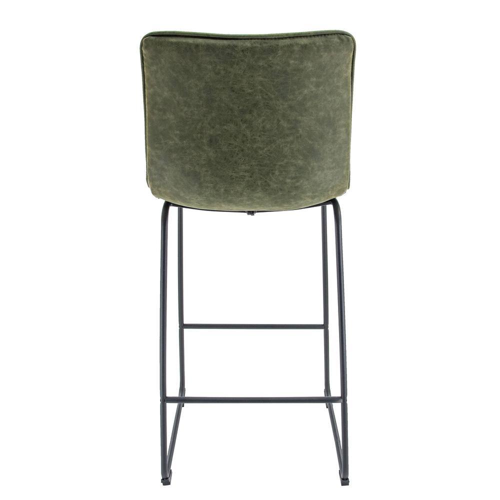 Olive Green Leather and Black Iron Bar Stool Set of 2