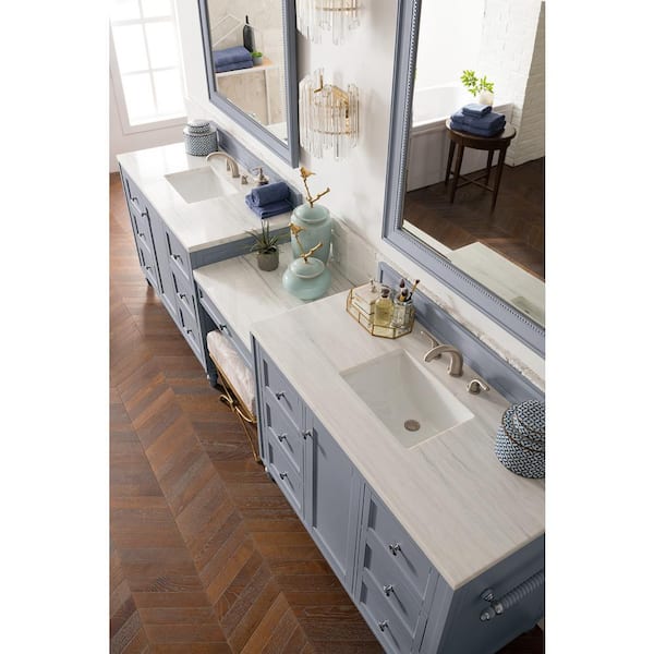 James Martin Copper Cove Encore 86 Double Vanity Set Silver Gray with Makeup Table 3 cm Arctic Fall Solid Surface Top