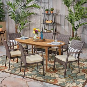 Stamford Brown 7-Piece Wood and Plastic Outdoor Dining Set with Cream Cushions