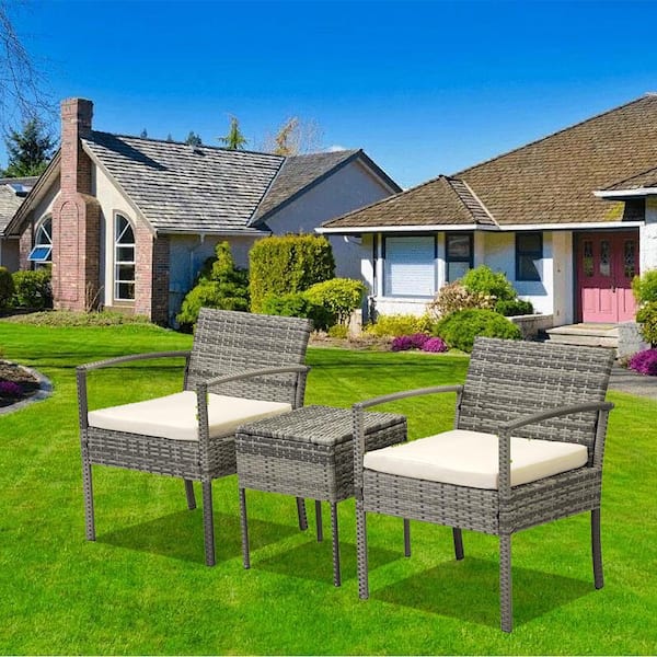 Unbranded 3-Piece Gray Rattan Wicker Patio Conversation Set, Furniture Set, with Beige Washable Cushions