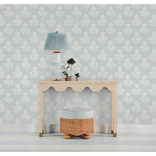 Flourish Block Print Whisper Blue Faux Grass Cloth Peel and Stick Wallpaper