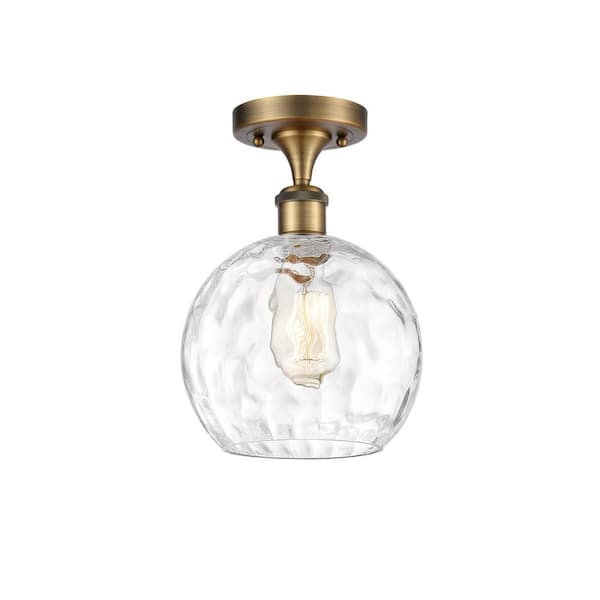Athens Water Glass 8 in. 1-Light Brushed Brass Industrial Semi-Flush Mount with Clear Glass Shade