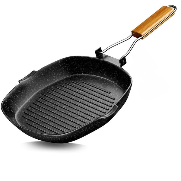 Nonstick Grill Pan 9.5 in. Heavy Gauge Aluminum Die Cast Iron Grill Skillet with Foldable Handle for Stovetop Cooking