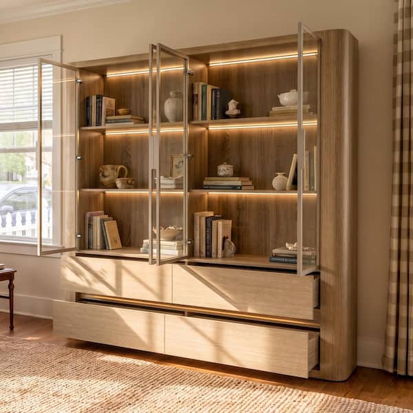 78 in. Tall Natural Wood 6-Shelf Standard Bookcase with Glass Doors, LED Lighting, 4-Drawers for Living Room Storage