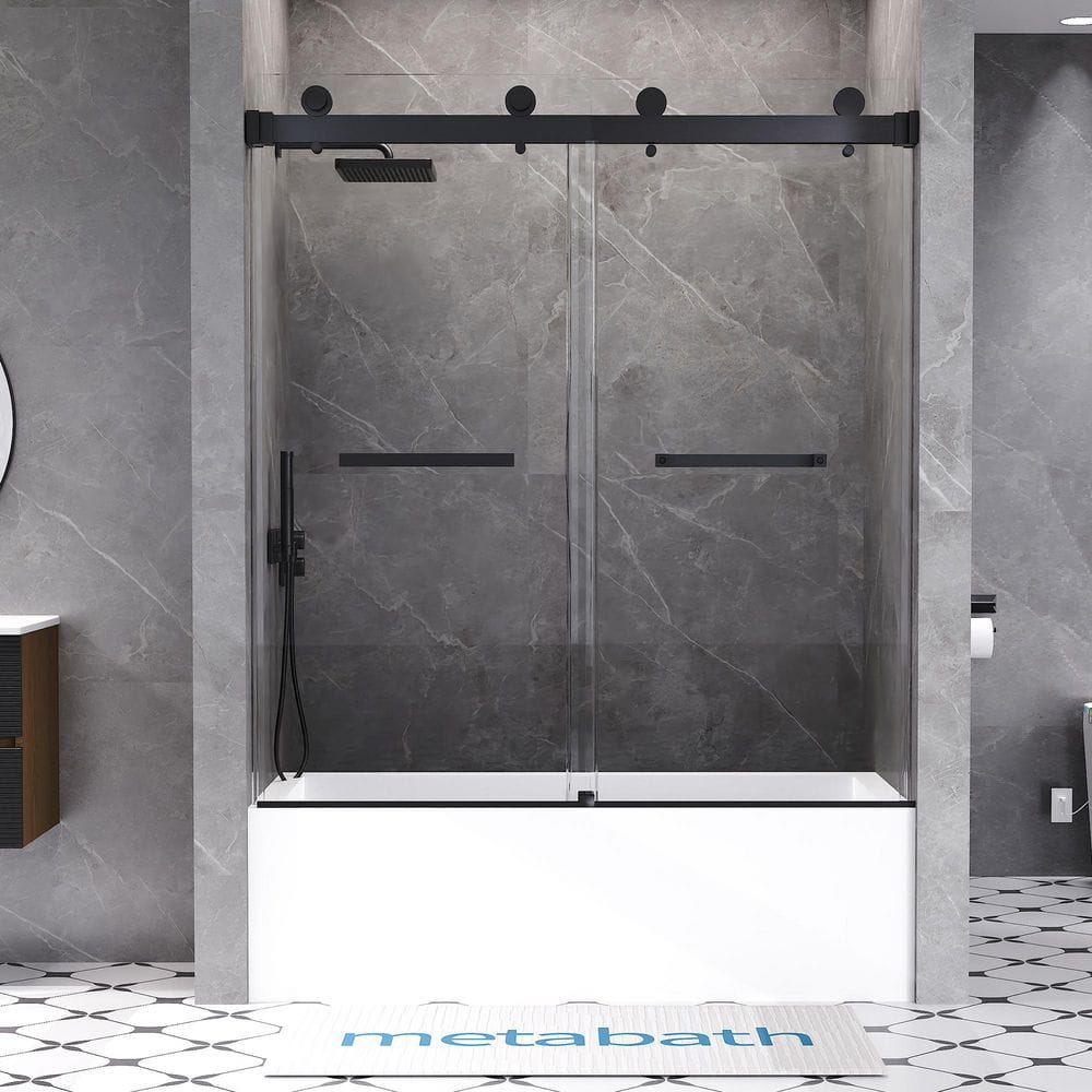 56 to 60 in. W x 66 in. H Double Sliding Frameless Tub Door in Matte Black 