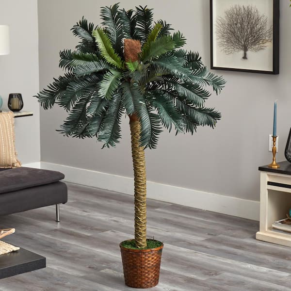 Nearly Natural 5 ft. Artificial Sago Palm Tree in Basket