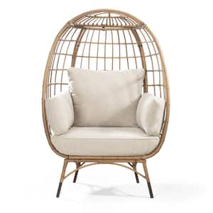 Yellow Patio Wicker Egg Chair with Cushion, Oversized Indoor Outdoor Lounger for Patio, Living Room with Beige Cushion
