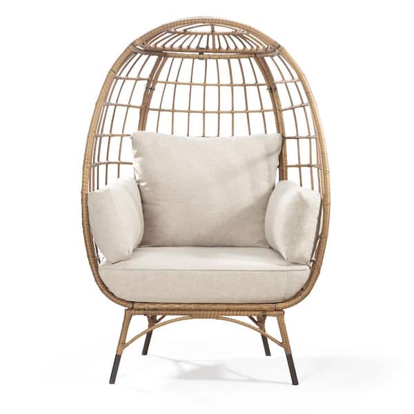 Unbranded Yellow Patio Wicker Egg Chair with Cushion, Oversized Indoor Outdoor Lounger for Patio, Living Room with Beige Cushion