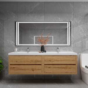 Louis 71 in. W x 20 in. D x 22 in. H Double Sink Floating Bath Vanity in Yellow Wood with White Acrylic Top