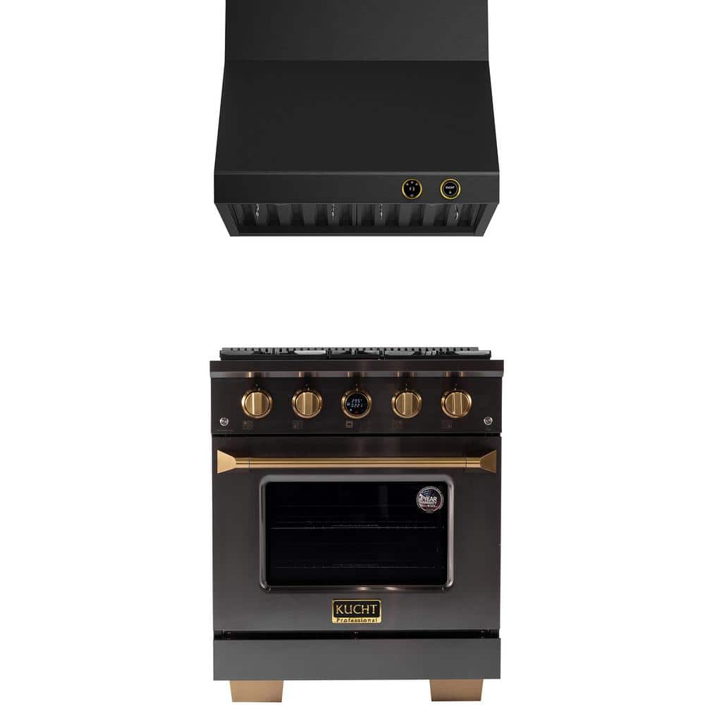Kucht 30 in. 4.2 cu. ft. 4-Burners Dual Fuel Range for Propane Gas in Titanium and Gold Plus Wall Mount Range Hood