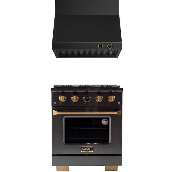 Kucht 30 in. 4.2 cu. ft. 4-Burners Dual Fuel Range for Propane Gas in Titanium and Gold Plus Wall Mount Range Hood
