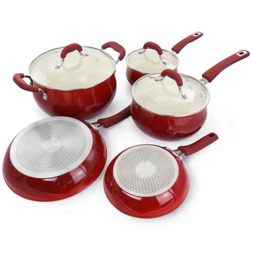 Red Aluminum Non-Stick 8-Piece Cookware Set with Enamel