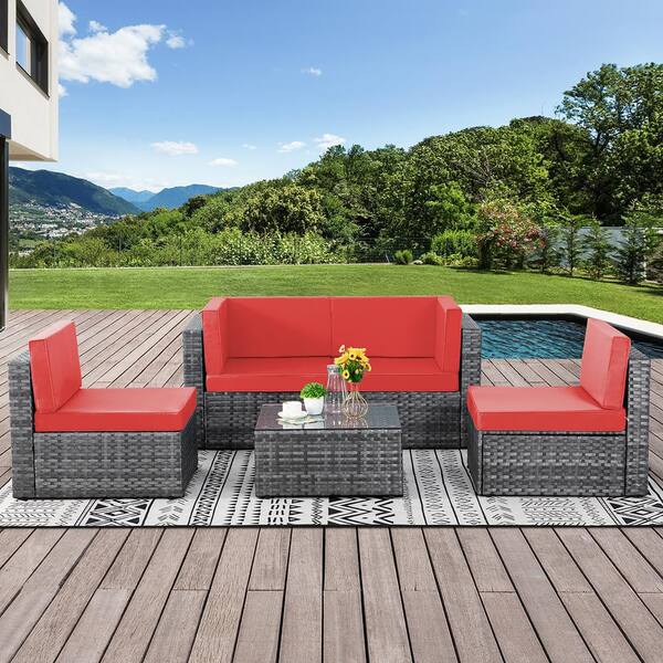 BPTD Outdoor Patio Furniture Conversation 3 Piece Patio Set PE Rattan Patio Chairs with Glass Coffee Table and Cushions for Yard Porch Poolside Lawn Dark Brown/Red 