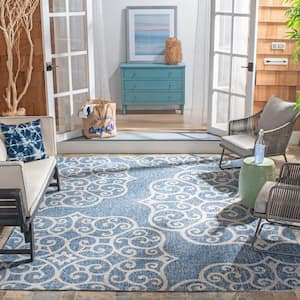 Courtyard Navy/Gray 8 ft. x 10 ft. Distressed Floral Medallion Indoor/Outdoor Patio  Area Rug