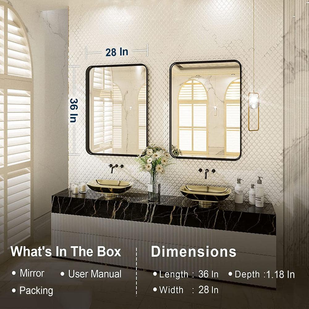 28x36 Inch Matte Black Aluminum Framed Bathroom Mirror