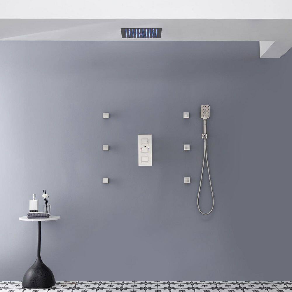 Brushed Nickel LED Ceiling Mounted Shower System with Body Jets
