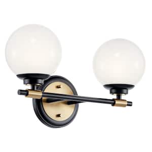 Benno 14.75 in. 2-Light Black and Champagne Bronze Industrial Bathroom Vanity Light with Opal Glass