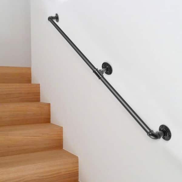 6 ft. Pipe Stair Handrail 440 lbs. Load Capacity Wall Mounted Handrail Round Corner Handrails for Outdoor Steps in Black