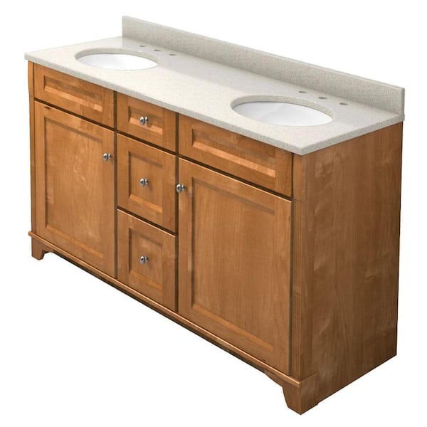 KraftMaid 60 in. Vanity in Praline with Natural Quartz Vanity Top in Natural Almond and White Double Sink-DISCONTINUED