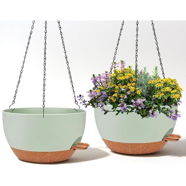 Plastic Planter (12 in. W x 6.9 in. H) Green Brown Hanging Indoor/Outdoor with Chains Self Watering Hanging Pots-2 Pack