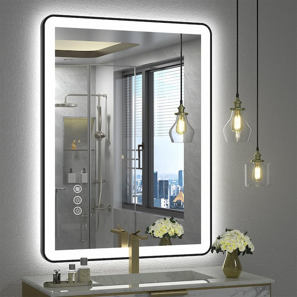 28 in. W x 36 in. H Rectangular Framed Front and Back LED Lighted Anti-Fog Wall Bathroom Vanity Mirror in Tempered Glass