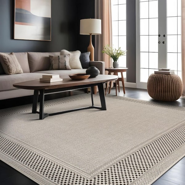 Coastal Beige 8 ft. x 10 ft. Bordered Washable Easy Jute Modern Indoor Outdoor Area Rug