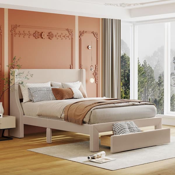 Beige Wood Frame Full Size Platform Bed with Velvet Upholstered and a Big Drawer