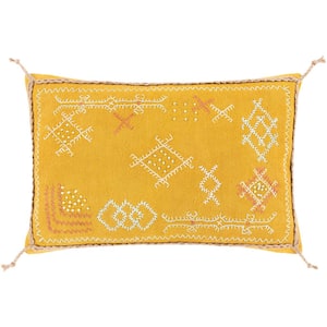Fidelia Mustard Hand Embroidered Polyester Fill 13 in. x 20 in. Decorative Pillow