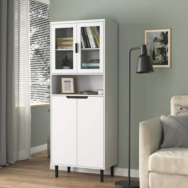 Horatio White 63 in. H Accent Storage Cabinet Sideboard with Storage Bookcase, Adjustable Shelves, Glass Doors