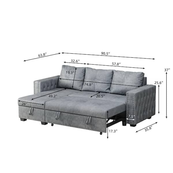 Skygge svejsning Frem STICKON 90.5 in. W Gray 3-Seat Velvet Queen Size Sofa Bed With Storage  HYM-HD04280331 - The Home Depot