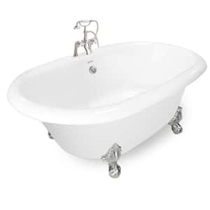 72 in. AcraStone Acrylic Double Clawfoot Non-Whirlpool Bathtub in White with Large Ball Claw Feet Faucet in Satin Nickel